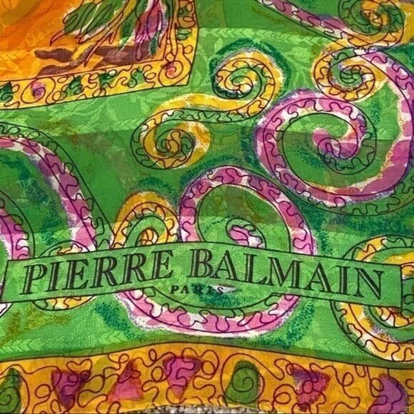 Pierre Balmain‎ Vintage Silk Scarf Floral Swirl Pattern Yellow Green Pink Luxury - Picture 1 of 12